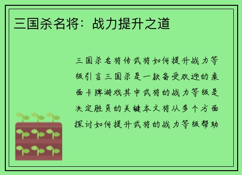 三国杀名将：战力提升之道